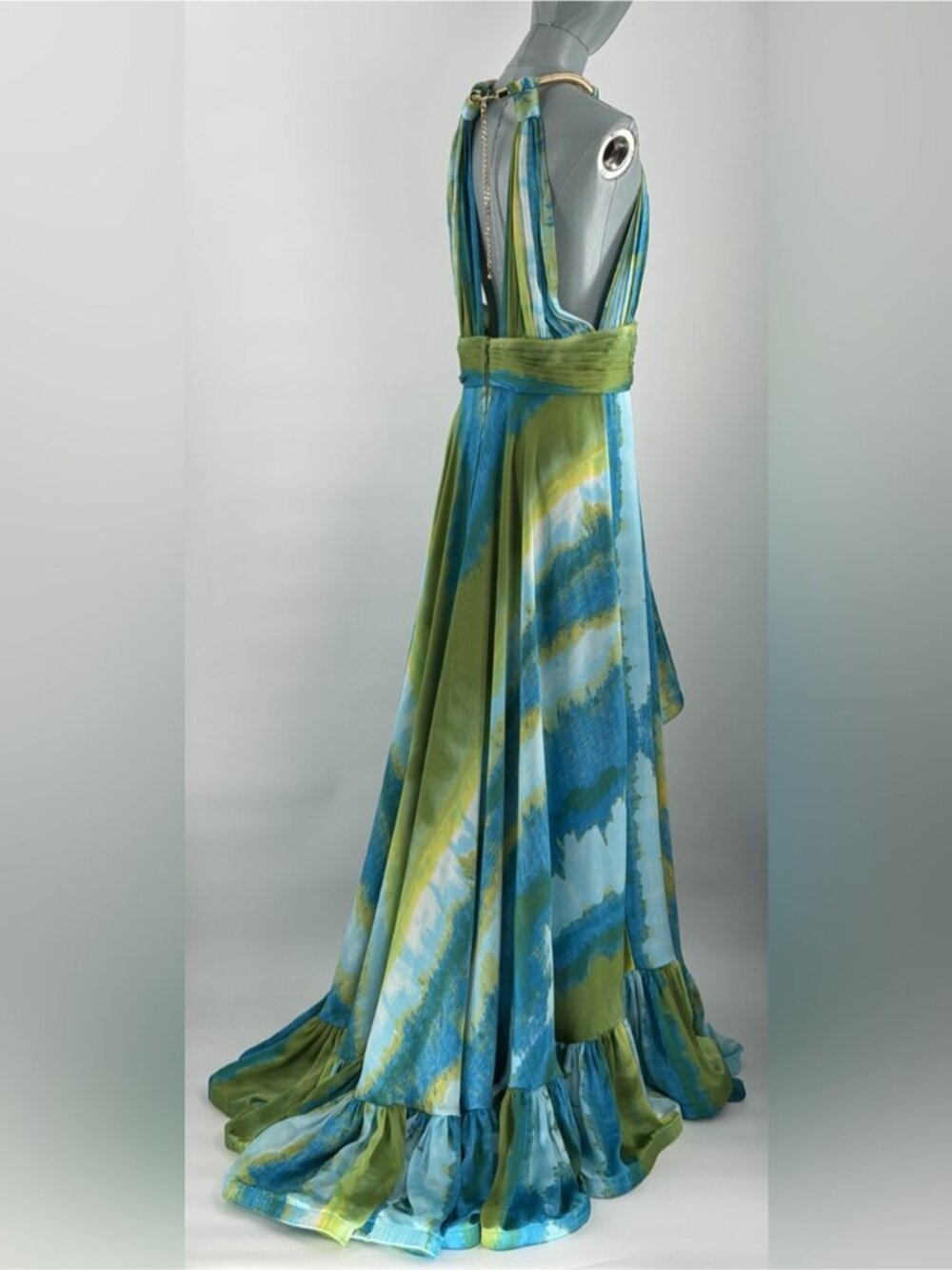 🆕 BRONX & BANCO 🧿 NWOT Palma Coastal Ruffle Hi-Low Gown, Blue Green, Sz L US 8 - Picture 9 of 16